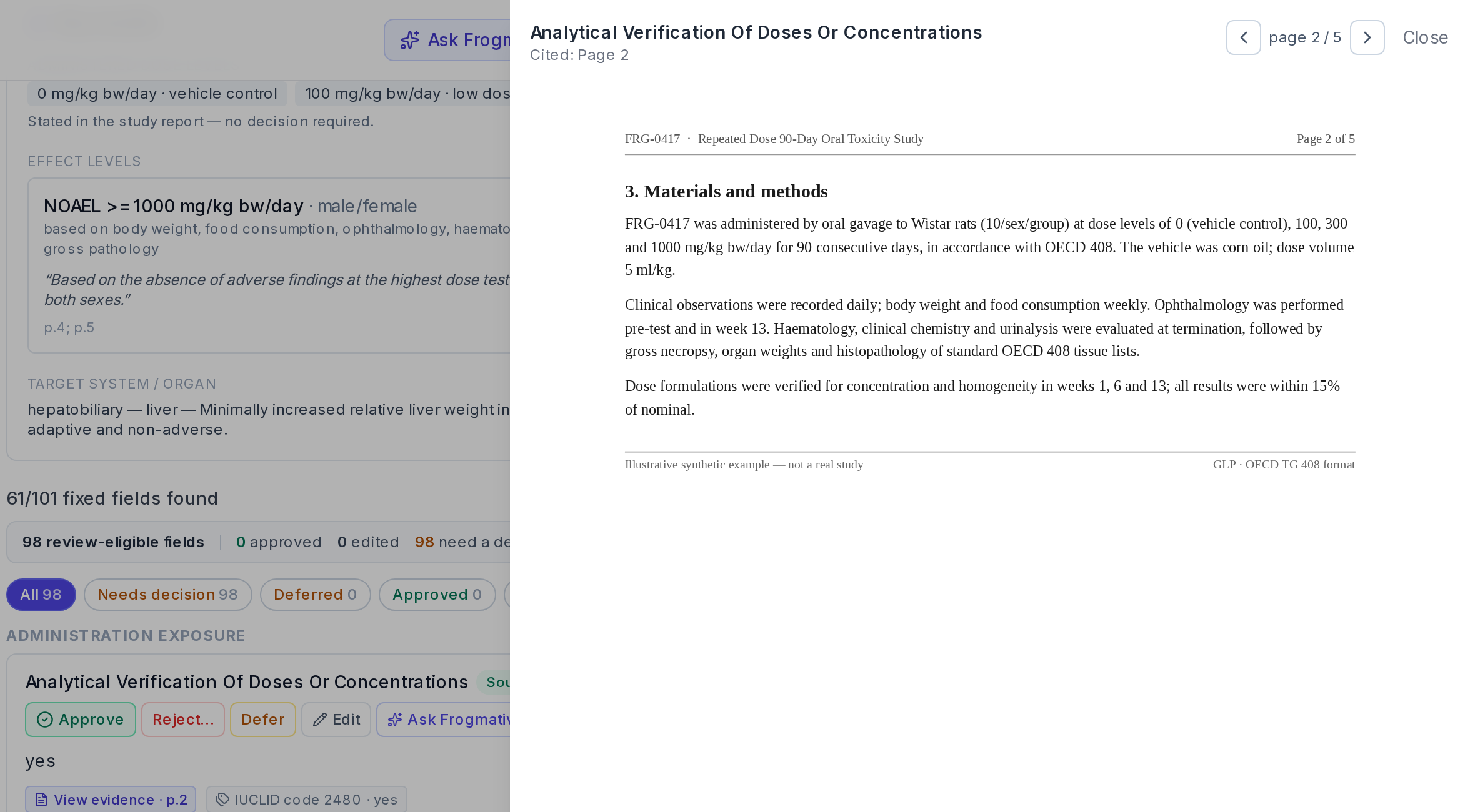 The Frogmative evidence drawer: a prepared field with its value, page citation and review controls on the left; the cited page of the synthetic study report open on the right